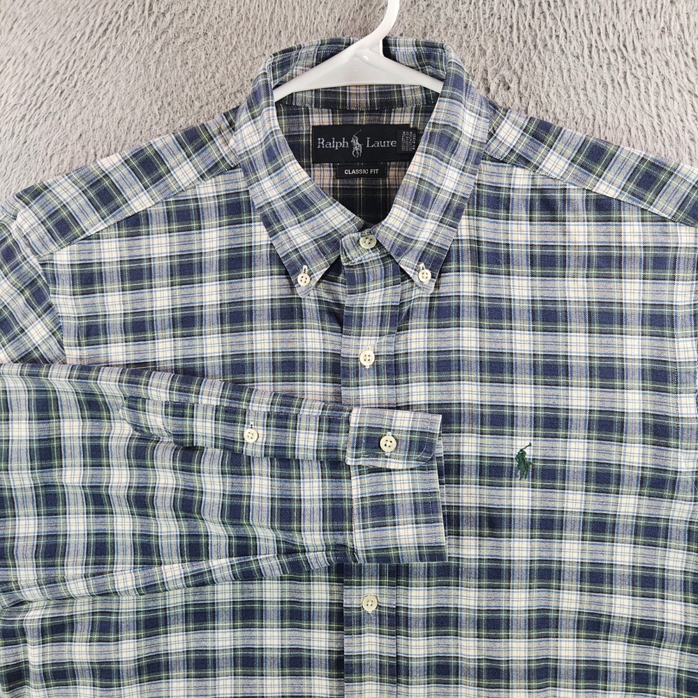 Ralph Lauren Mens Classic Fit Plaid Button Down Shirt Navy Blue Green Medium